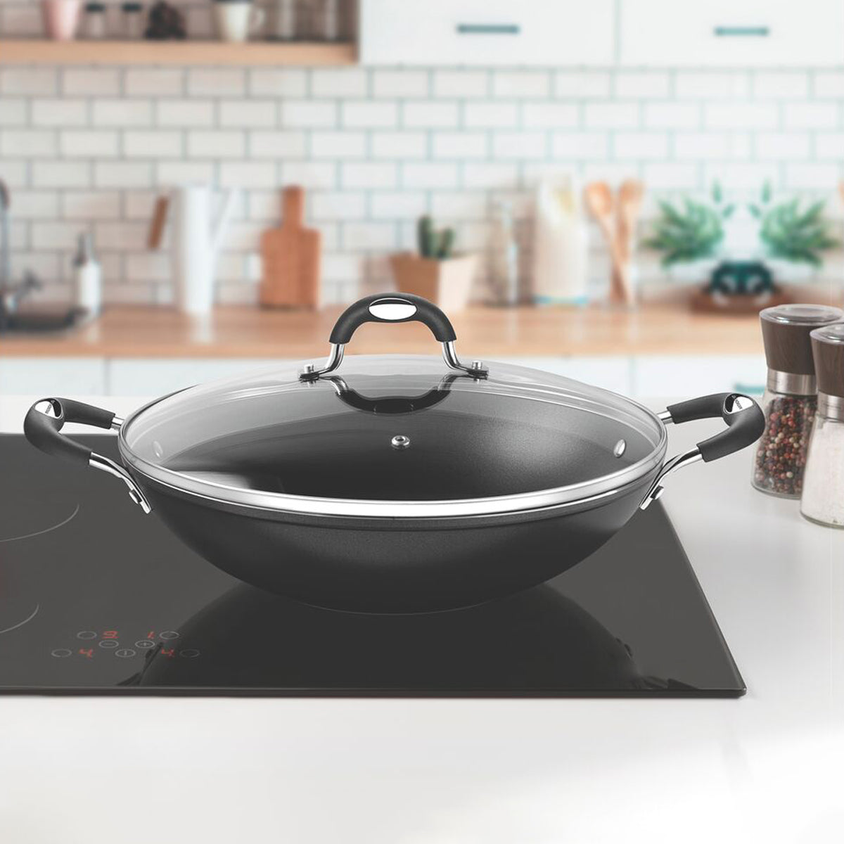 Wok con Tapa Tramontina Mônaco Antiadherente Starflon Premium Negro- 32cm