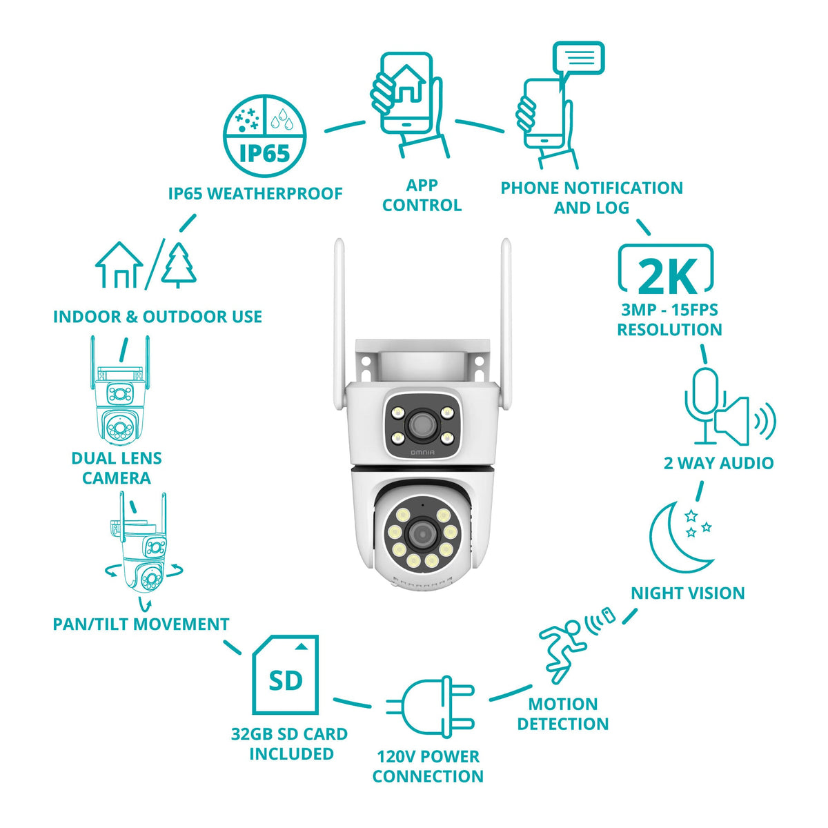 Camara Inteligente Omnia  PTZ  WiFi Interior y Exterior Dual - 2K
