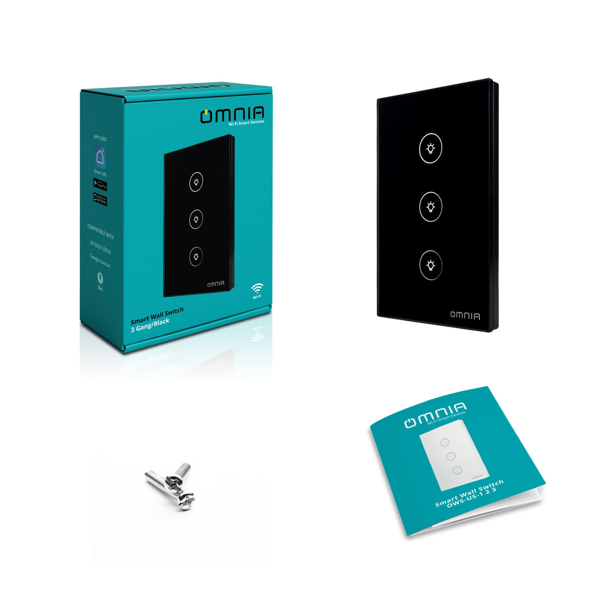 Apagador Inteligente Omnia Híbrido WiFi/RF Negro- 3 Vías