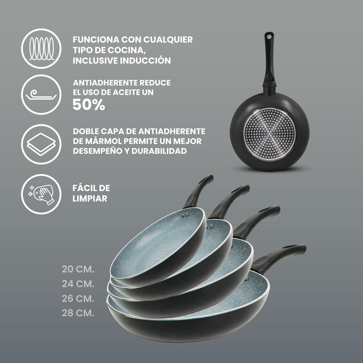 Set de Sartenes Monix Inducción Clásica Mármol Negro- 4pzs