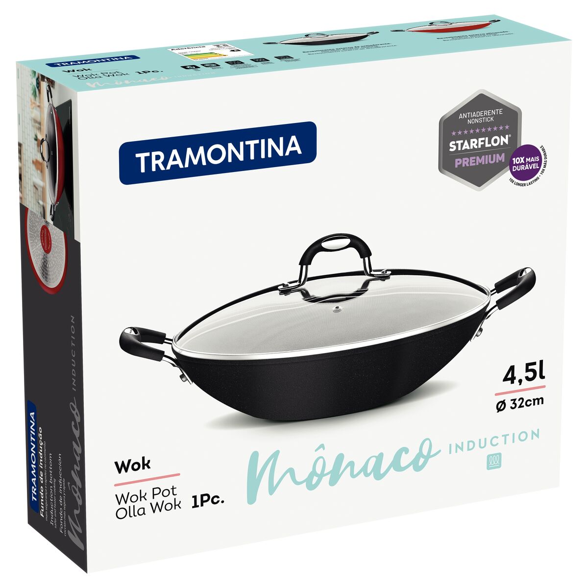Wok con Tapa Tramontina Mônaco Antiadherente Starflon Premium Negro- 32cm - Image 3